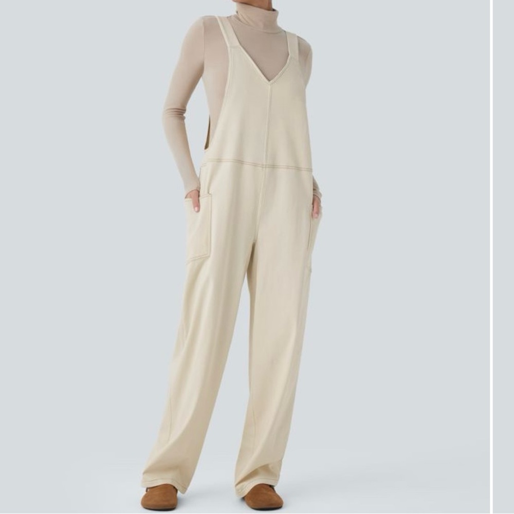 Halara Flex™ V Neck Pocket Washed Denim Casual Overalls SZ Large